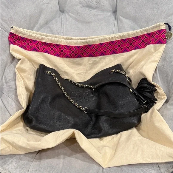 Black Leather Tory Burch Tote Bag with Chain Straps - Picture 2 of 4